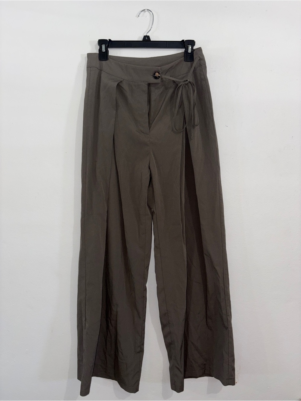 SHEIN Wide Leg Tie Waist Pants Size L Gray Taupe